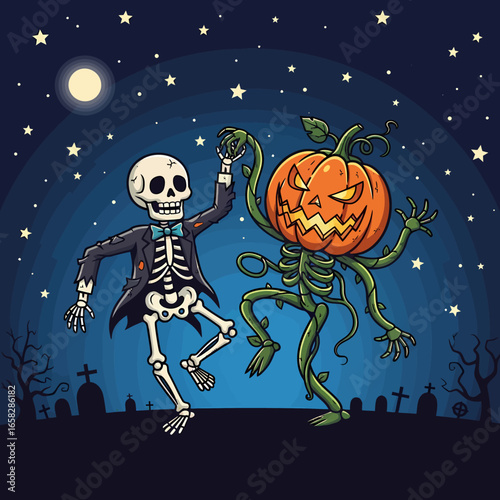 A cartoon skeleton and a jack-o'-lantern monster dance happily in a spooky graveyard at night.