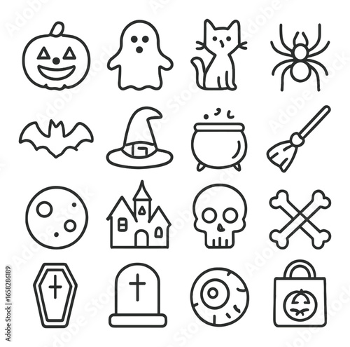 Linear halloween icons set featuring pumpkin, ghost, cat, spider, witch hat, and skull symbols