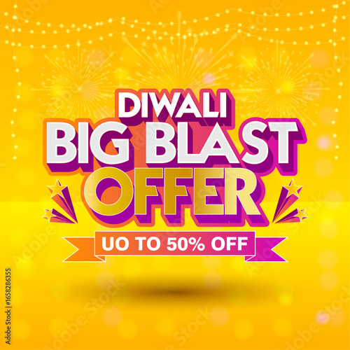 Bright Diwali big blast offer sale banner with fireworks, glowing lights and festive yellow background. Perfect for festival shopping campaigns, e-commerce promotions, posters, and banners.