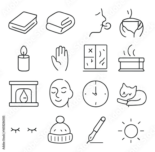 Linear relaxation icon set featuring book, towel, face, drink, candle, hand, window, sauna, fireplace, sleep, hat, pen, sun