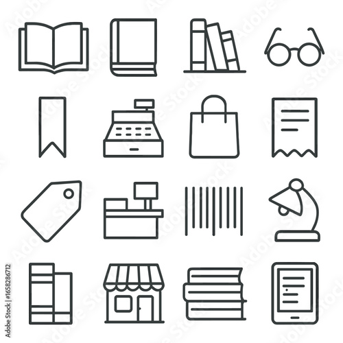 Linear bookstore icon set featuring book, glasses, bookmark, cash register, shopping bag, and receipt symbols