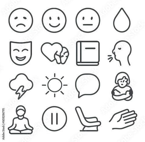 Linear emotional icon set featuring sad, happy, neutral, tear, mask, heart, speech, book, sun, and meditation symbols
