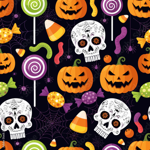 A festive Halloween pattern of carved pumpkins, sugar skulls, lollipops, and assorted candy on a dark, web-covered background.