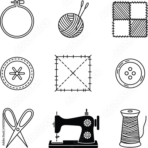 Hand-drawn vector illustration of a vintage set of sewing accessories including a needle and thread