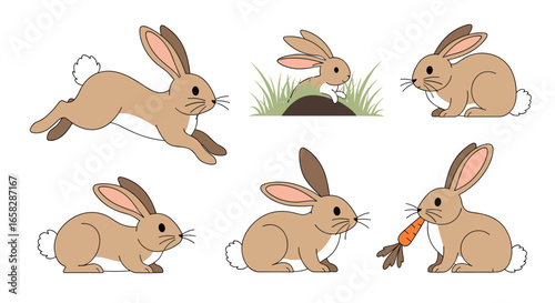 Collection of adorable cartoon rabbits engaged in various easter activities and natural behaviors