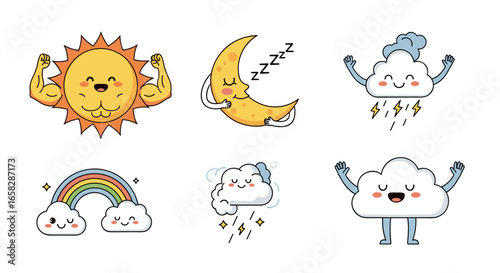 Charming cartoon weather icons featuring a muscular sun a sleeping moon stormy clouds and a joyful rainbow