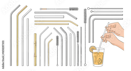 Collection of reusable drinking straws made from various materials showcasing diverse styles and cleaning accessories for eco-conscious beverage consumption