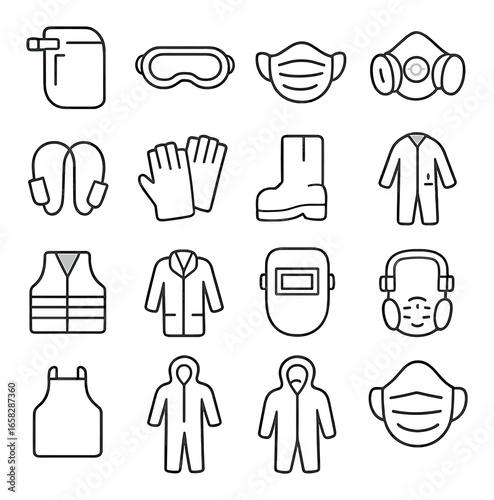 Linear safety icon set featuring mask, goggles, gloves, boots, suit, vest, apron, and headphones