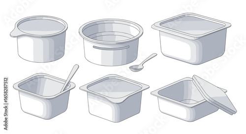 Set of various single serving food containers and spoons for packaging dairy products desserts or other convenience foods