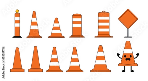 Collection of orange traffic cones and safety barriers with a cute character cone