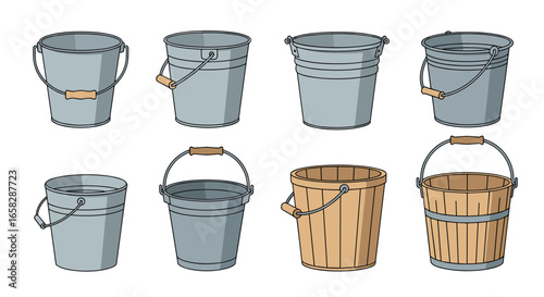 Collection of eight assorted buckets showing different styles and materials including metal and wood
