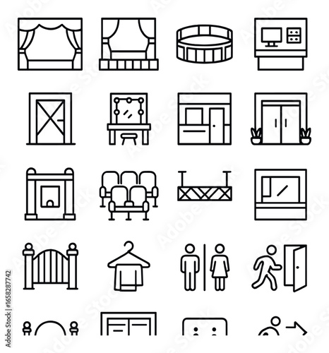 Linear theater icon set featuring curtain, stage, ticket, seats, and entrance symbols