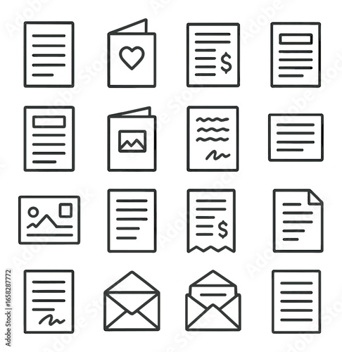 Linear documents icon set featuring heart card, invoice, form, image, receipt, and envelope symbols