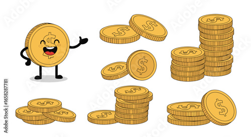 Whimsical collection of cartoon gold coins in various piles and poses conveying wealth and abundance