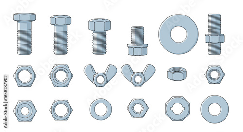 Collection of various metal fasteners including bolts nuts and washers for mechanical assembly