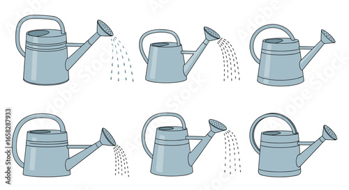 Set of six illustrations showing a watering can pouring water in different positions and angles