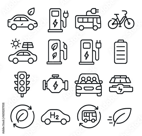 Linear eco transport icon set featuring electric car, charging station, bicycle, solar panel, and battery symbols