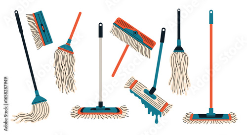 Collection of mops and cleaning tools for effective home sanitation and floor care routines