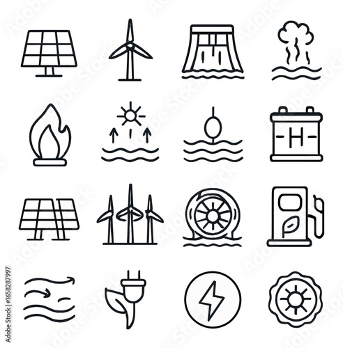 Linear energy icon set featuring solar, wind, hydroelectric, geothermal, and hydrogen symbols