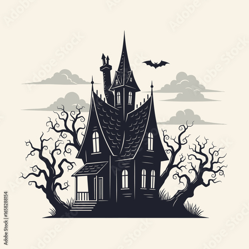 A spooky gothic haunted house with bare trees, a flying bat, and ominous clouds.