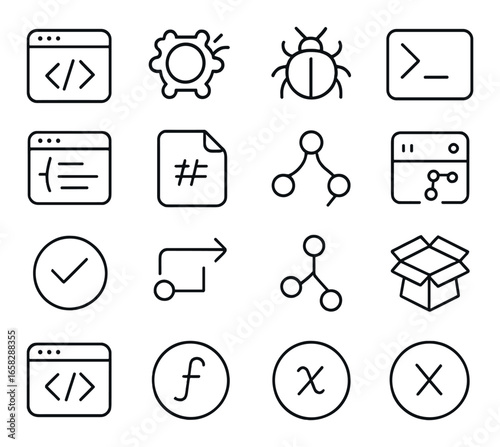 Linear development icons set: code, bug, terminal, algorithms, checkmark, graph, box