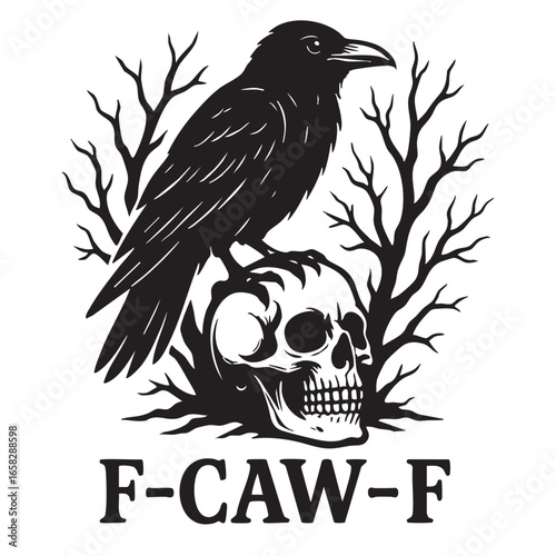 Black Raven Perched Atop a Skull with Bare Branches and the Text F CAW F