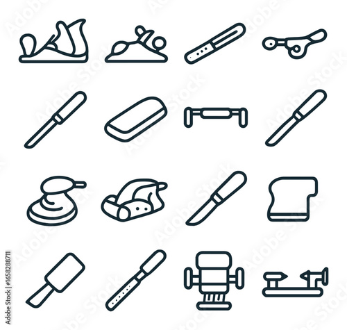 Linear surgery icon set featuring scalpel, gavel, soap, bandage, gurney, soap dispenser, bedpan