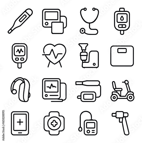 Linear medical icon set featuring thermometer, stethoscope, glucometer, blood pressure, and wheelchair symbols