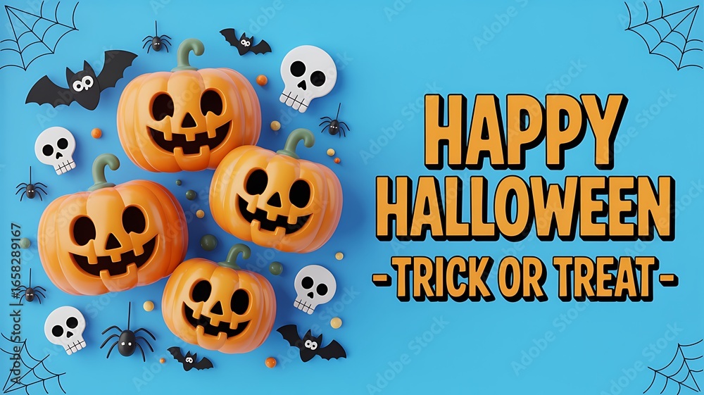 Halloween design with smiling pumpkins, skulls, bats, spiders, and web on blue background with happy halloween trick or treat text Halloween design with smiling pumpkins, skulls, bats, spiders, and web on blue background with happy halloween trick or treat text