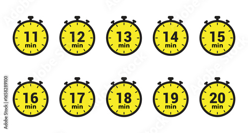 11, 12, 13, 14, 15, 16, 17, 18, 19 and 20 min clock icon vector number design illustration