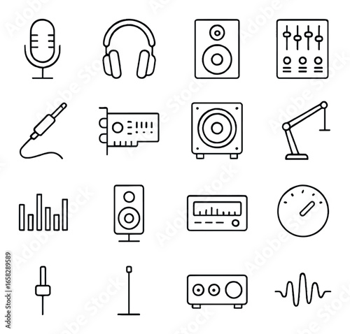Linear music icon set featuring microphone, headphones, speaker, mixer, and audio cable symbols