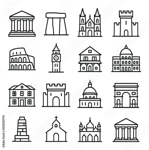 Linear landmark icon set featuring parthenon, stonehenge, notre dame, colosseum, big ben, arc de triomphe