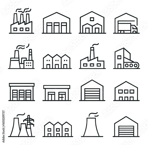 Linear industrial icon set featuring factory, warehouse, power plant, and production symbols