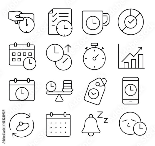 Linear time management icon set featuring calendar, stopwatch, alarm, clock, and graph symbols