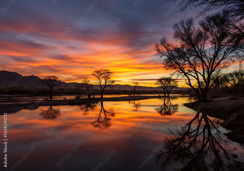 Obraz premium Vibrant sunset reflecting in a tranquil lake with silhouetted trees