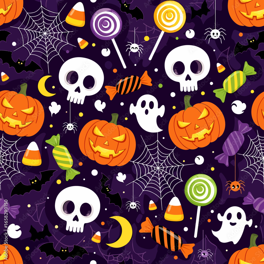 Fototapeta premium A festive Halloween seamless pattern with cartoon jack-o'-lanterns, skulls, ghosts, and assorted candy on a purple background.