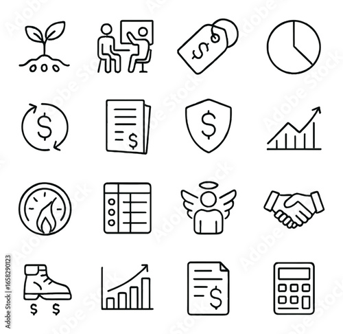 Linear business icon set featuring growth, profit, finance, analytics, security, and strategy symbols