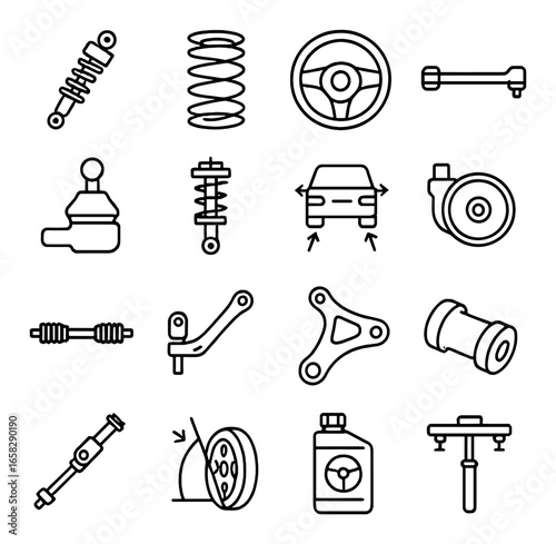 Linear automotive icon set featuring shock absorber, spring, steering wheel, and brake disc symbols