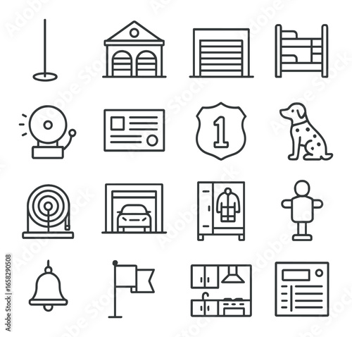 Linear hotel icon set featuring bell, hotel, garage, bunk bed, dog, target, locker, flag, kitchen, reception