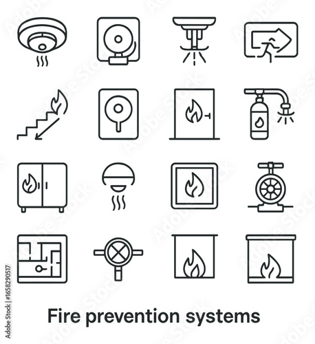 Linear fire prevention icon set featuring smoke detector, fire extinguisher, alarm, sprinkler, and exit