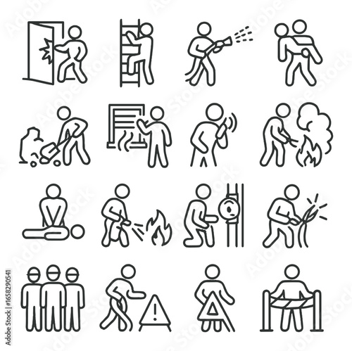 Linear emergency icon set featuring fire extinguisher, evacuation, first aid, and safety symbols
