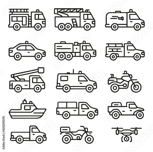 Linear emergency vehicle icons set featuring fire truck, ambulance, police car, and motorcycle symbols