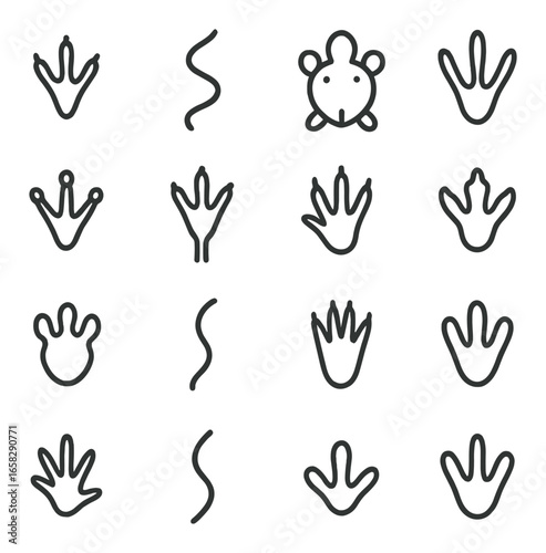 Linear animal tracks icon set featuring bird, mammal, amphibian, reptile, and insect footprints