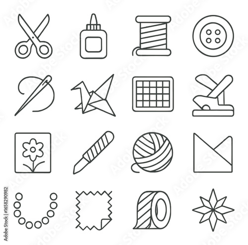 Linear craft icon set featuring scissors, glue, thread, button, needle, origami, punch, yarn, and star