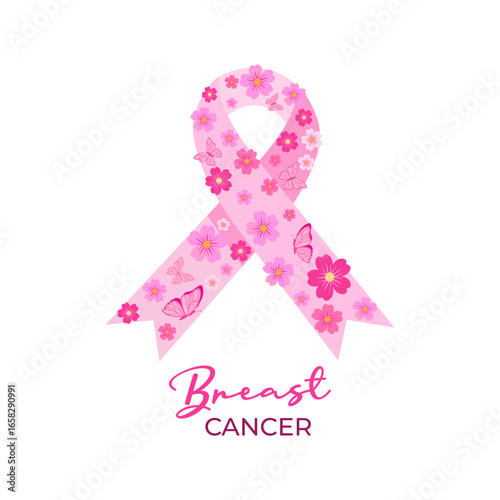 Vector illustration of pink breast cancer awareness ribbon decorated with flowers and butterflies, symbolizing hope, prevention, support, care and global health during October awareness month.