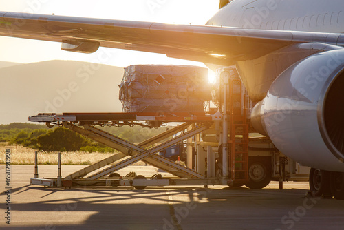 Canvas Print Cargo being loaded into a commercial airplane during sunset at an airport runway