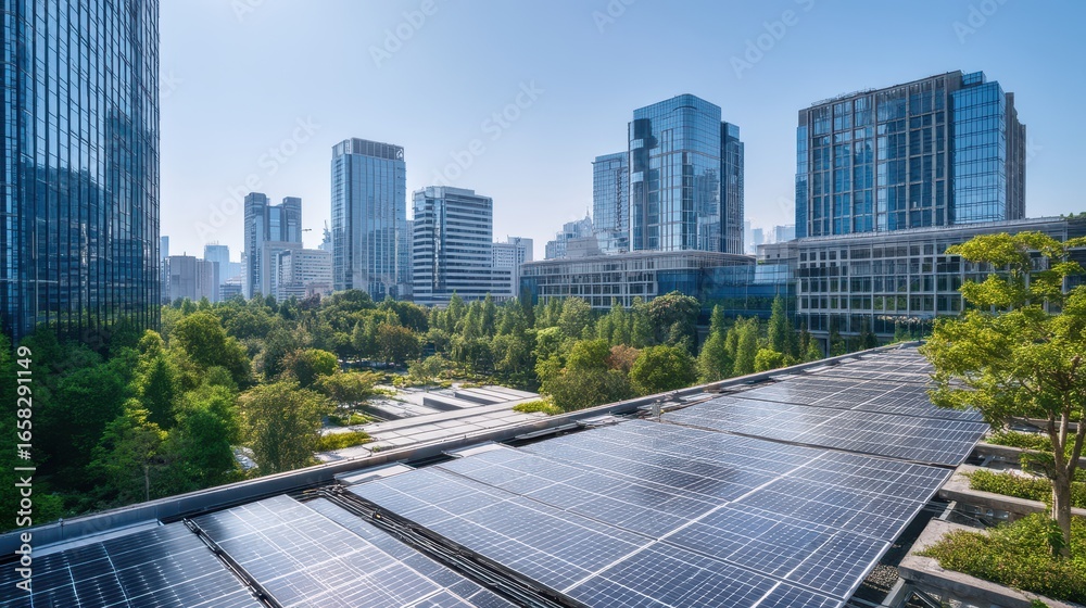 Fototapeta premium Sustainable energy concept. Urban skyline with solar panels and greenery in the foreground.