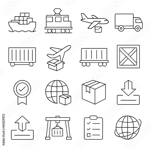 Linear transport and logistics icon set featuring ship, train, plane, truck, container, globe, and package symbols