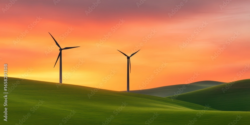 Fototapeta premium Sustainable energy concept. Wind turbines against a vibrant sunset on rolling green hills.