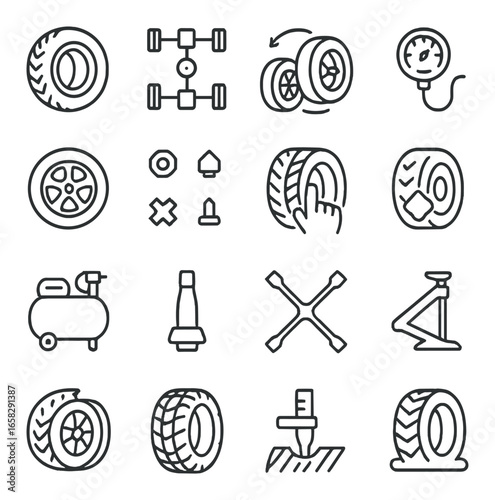 Linear automotive icon set featuring tire, alignment, air gauge, compressor, and pressure tools